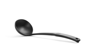 Black plastic ladle. Close up. Isolated on a white background