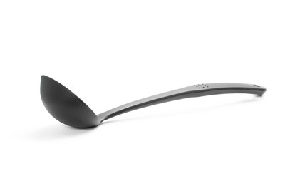 Black plastic ladle. Close up. Isolated on a white background