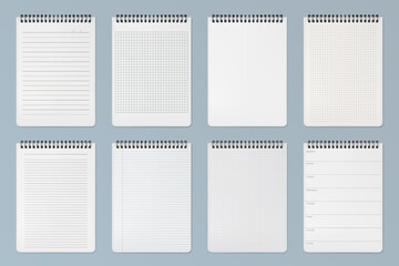 Notebooks sheets set. Lined, checkered and dots pages for memo pads and daily planner template notepad empty paper with binder iron spiral isolated on gray background. Realistic 3d Vector illustration