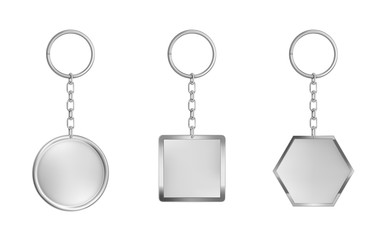 Keychains set. Metal round, square and hexagon keyring holders isolated on white background. Silver colored accessories or souvenir pendants mock up. Realistic 3d vector illustration, icon, clip art