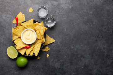 Mexican nachos chips and tequila