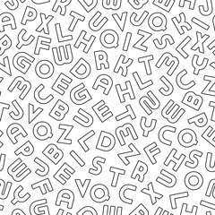 Vector seamless alphabet pattern with black outline latin letters. White repeatable unusual background. Can be used like wrapping paper, textile cover, wallpaper or for your other design and ideas