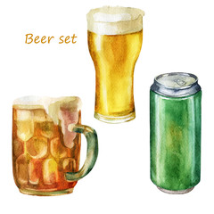 Watercolor illustration of a set of beer. A mug of beer, a glass of beer, a can of beer.