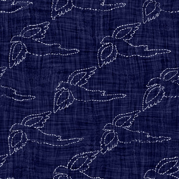 Indigo Blue Sashiko Bird Dyed Effect Texture Background. Seamless Japanese Repeat Pattern Swatch. Animal Motif Embroidery Stitch Dye. Wings Asian Fusion All Over Kimono Textile. Worn Boro Cloth Print