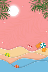 Fototapeta na wymiar Vertical Tropical seascape of ocean beach, coconut palm tree and sun, Summer sale banner design with paper cut tropical beach on pink background. Vector illustration
