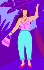 woman is standing under a palm tree. flat illustration