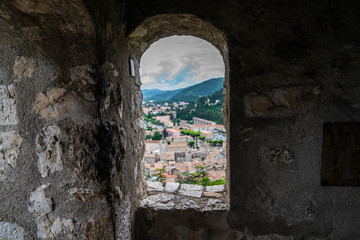 View from the fortress wall in Sisteron. Medieval town in the provence Alpes-de-Haute-Provence. Famous tourist attraction.