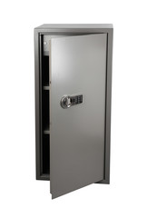Big steel safe with electronic lock on white background