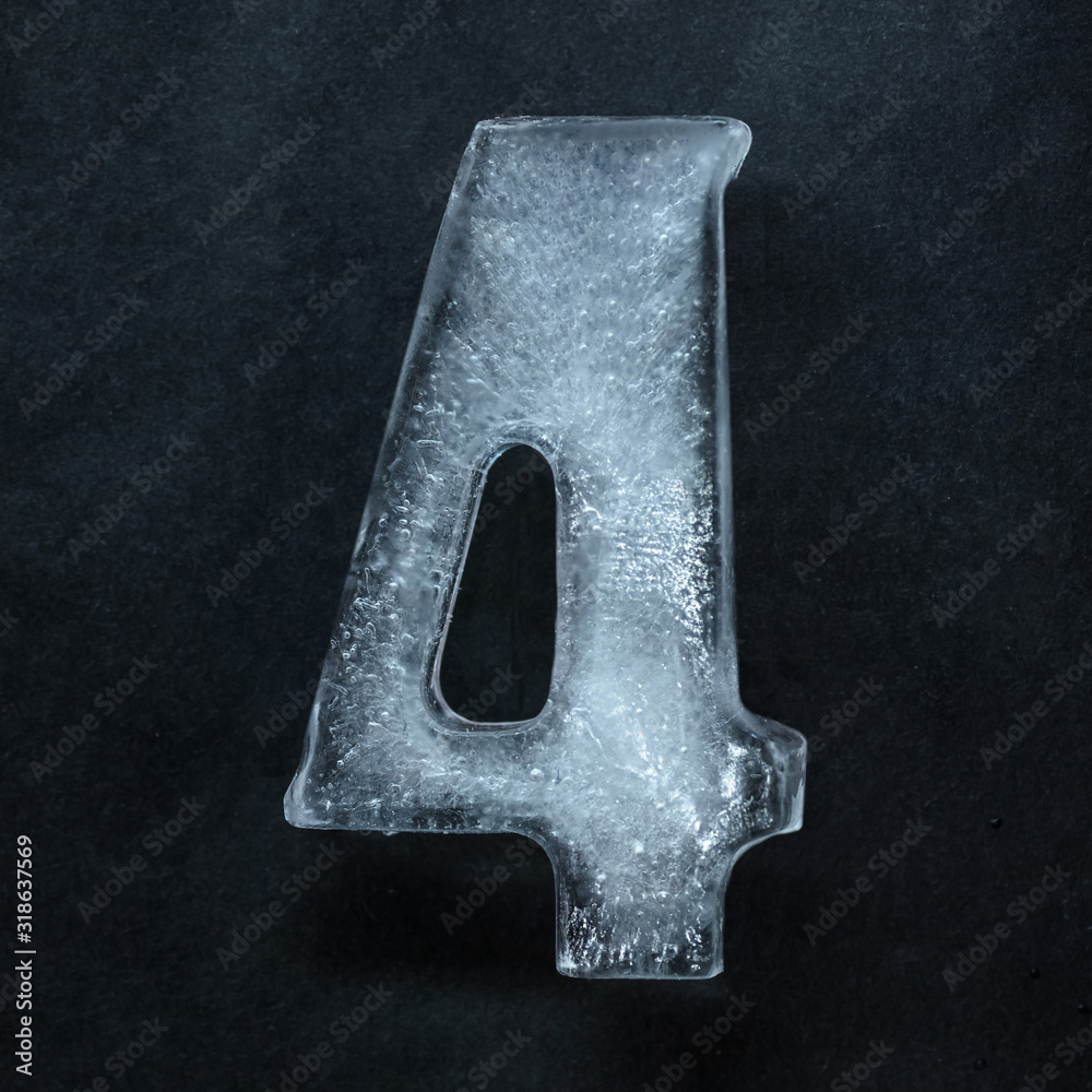 Poster melting. numeric value, numbers made out of shiny and well-structured ice isolated on dark studio ba