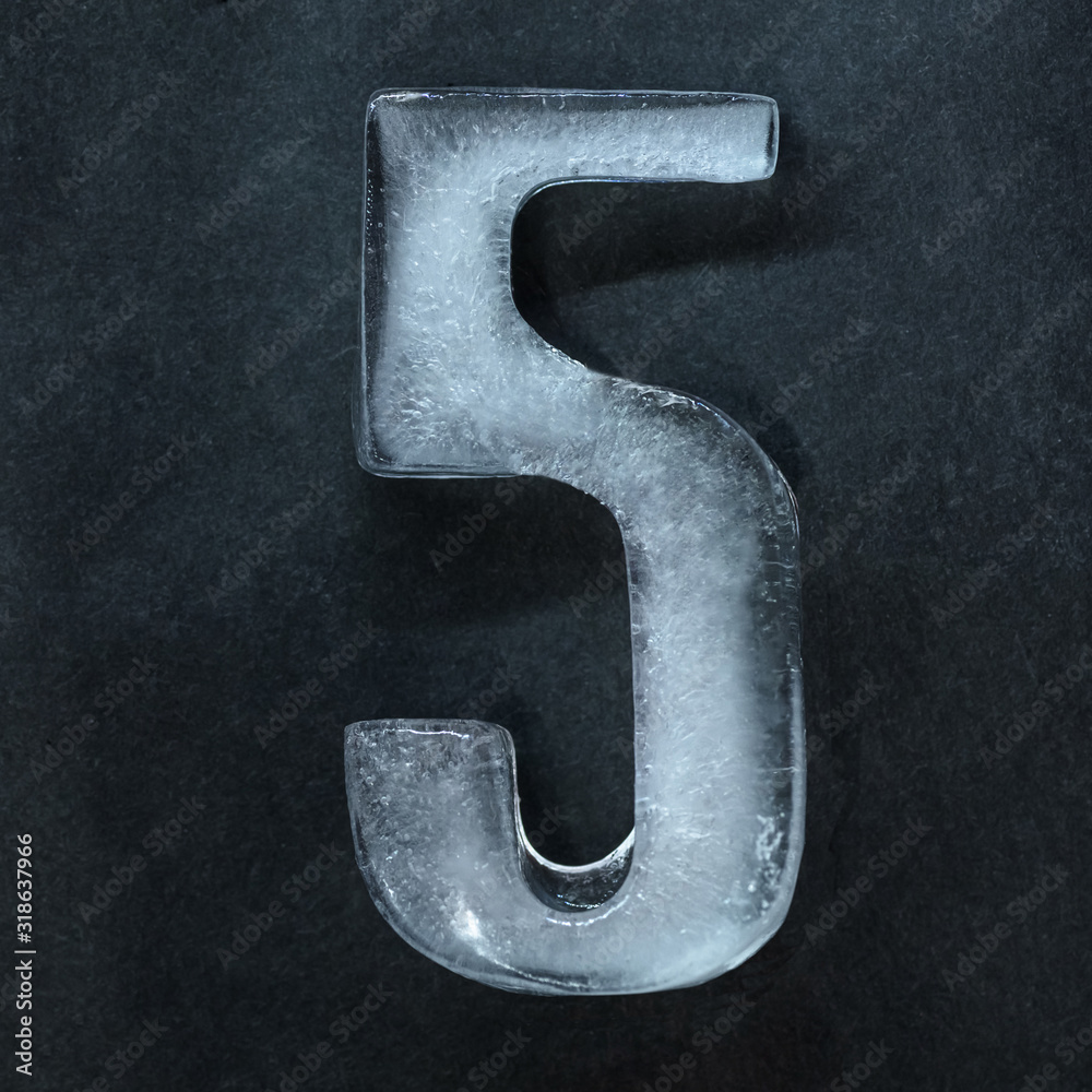 Poster melting. numeric value, numbers made out of shiny and well-structured ice isolated on dark studio ba
