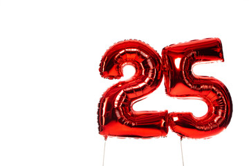 number 25 red balloons isolated on white