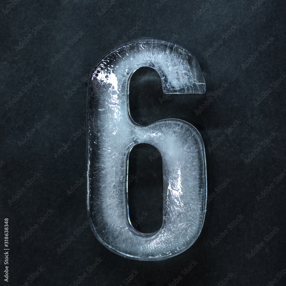 Poster melting. numeric value, numbers made out of shiny and well-structured ice isolated on dark studio ba