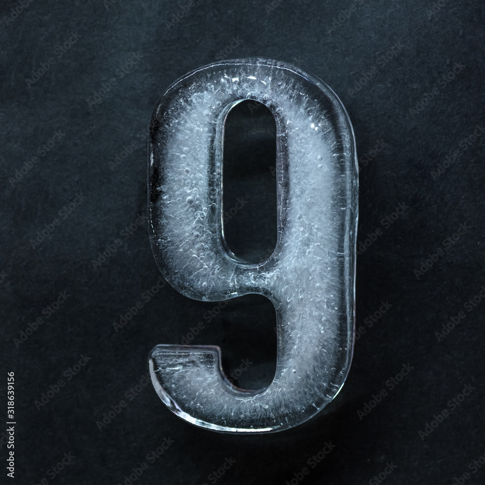 Poster melting. numeric value, numbers made out of shiny and well-structured ice isolated on dark studio ba