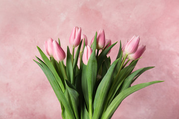 Bouquet of beautiful spring tulips on light pink background