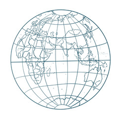 Earth globe vector illustration contour line art. World map doodle style. Planet with continents