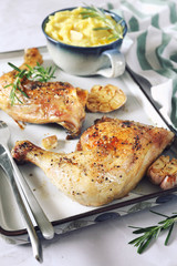 Roast chicken with garlic and mashed potatoes
