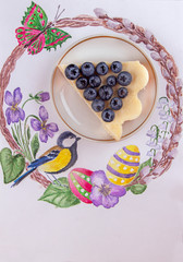 Homemade cheesecake decorated with blueberry over on watercolor drawing background. Top view. Easter cake