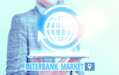 Conceptual hand writing showing Interbank Market. Concept meaning forex market where banks exchange...