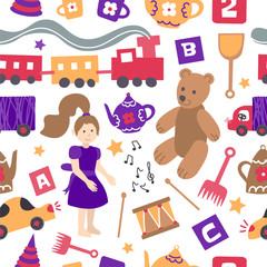 Vector seamless pattern with toys for children. Yellow and pink children's items on white background for a children's store, kindergarten, packaging of children's goods, children's textiles for boys.