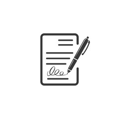 Contract document icon, agreement and signature, pact, accord, convention symbol. Flat vector illustration.