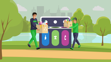 Teenage boys cleaning park color illustration. Happy guys taking out garbage, sorting waste, reducing pollution together. Volunteers, activists separating rubbish, doing cleanup cartoon characters