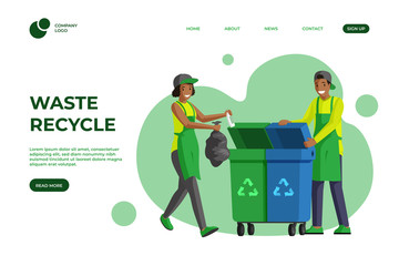 Garbage recycling landing page flat template. Trash reducing, waste management, sustainable lifestyle one page website design. Volunteer cleaning, waste sorting homepage cartoon color layout