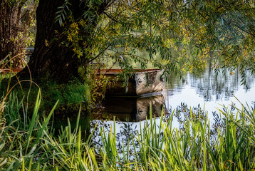 Holzboot am Uferrand unter einem Baum