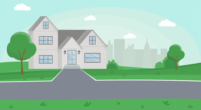 Countryside house color vector illustration. Family house, two storey cottage, townhome with front yard, road and cityscape on background. Cartoon townhouse, suburban building modern exterior