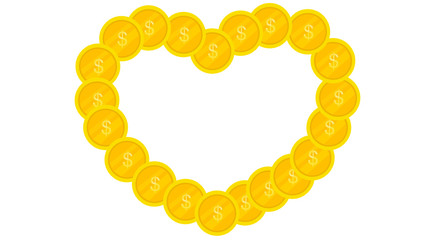 Heart from golden coins on white background for Valentine's Day. The shape isolated of love from vector illustration.