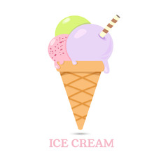 Vector illustration for web design or print. Delicious colorful ice cream in waffle cone isolated on white background.