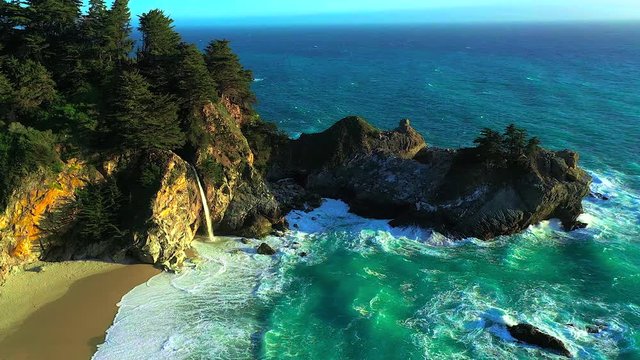 Aerial view of Julia Pfeifer State Park waterfall - fresh water into the Pacific Ocean off Pacific Coast Highway, Route 1