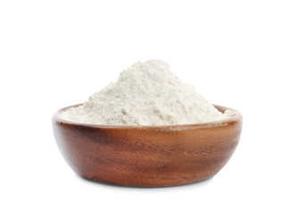 Organic flour in wooden bowl isolated on white