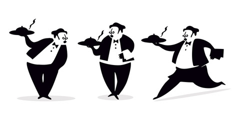 Flat vector waiter worker symbol icon. A set of figures of waiters. Black and white illustration. Element for logo, signboard, banner.