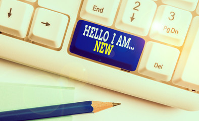 Writing note showing Hello I Am New. Business concept for Introduce yourself Meeting Greeting Work...