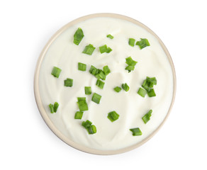 Fresh sour cream with onion on white background, top view