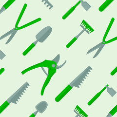 Cartoon garden tools pattern. Green vector farm equipment background.