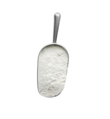 Scoop with flour isolated on white, top view