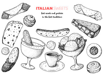 Italian dessert vector illustration. Italian food hand drawn sketch. Baking collection. Vintage design template. Cannoli, zabaglione, biscotti, gelato, panforte, bombolone, zeppole, panettone sketch.