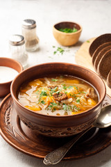 Traditional russian cabbage soup with turnip shchi in ceramic bowl on concrete background. Selective focus.