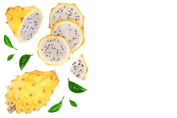 Dragon fruit, Pitaya or Pitahaya yellow isolated on white background with copy space for your text. Top view. Flat lay