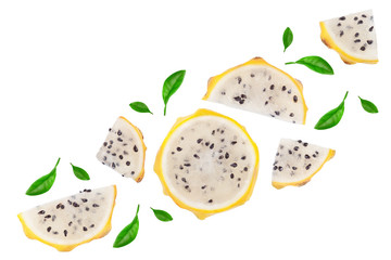 Dragon fruit, Pitaya or Pitahaya yellow with leaf isolated on white background. Top view. Flat lay