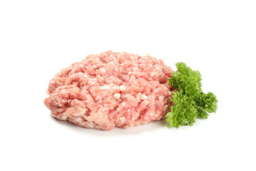 Tasty minced meat and curly parsley isolated on white background