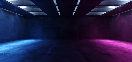 Sci Fi Futuristic Neon Glowing Purple Blue Concrete Grunge Underground Garage Hallway Tunnel Parking Car Showcase Empty Dark 3D Rendering