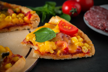 A bitten piece of pizza on a black background.