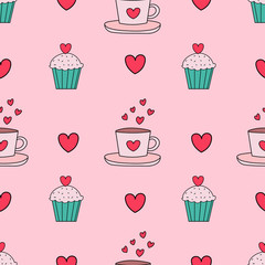 Cupcakes, muffins, hearts and tea cup seamless repeat pattern.Valentine's day seamless repeat pattern.