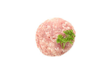 Tasty minced meat and curly parsley isolated on white background