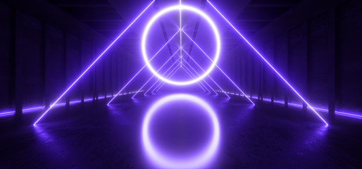 Neon Glowing Fluorescent Blue Purple Circle Triangle Laser Lights Stage Stadium Hallway Tunnel Corridor Concrete Alien Modern Empty Futuristic Sci Fi 3D Rendering