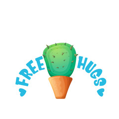 Free hugs text and cartoon green cactus in pot white on violet background. funny houseplant icon with quote or slogan for print on tee. International free hugs day concept