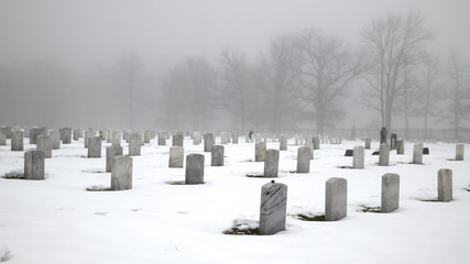 cemetery gravestones on a foggy morning winter