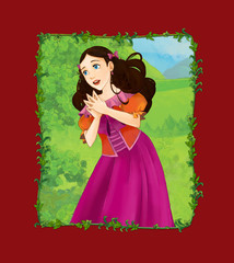Fototapeta na wymiar cartoon scene with princess queen on the meadow